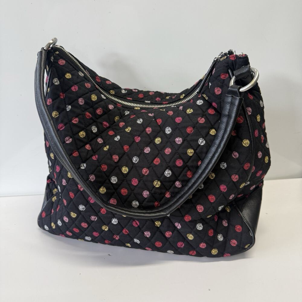 Vera Bradley Black Polka Dot Quilted Shoulder Bag Zip Outer Inner Pockets